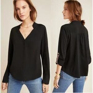 NWT Porridge by Anthropologie Aidan Roll Sleeves Blouse Black Women's Size Small